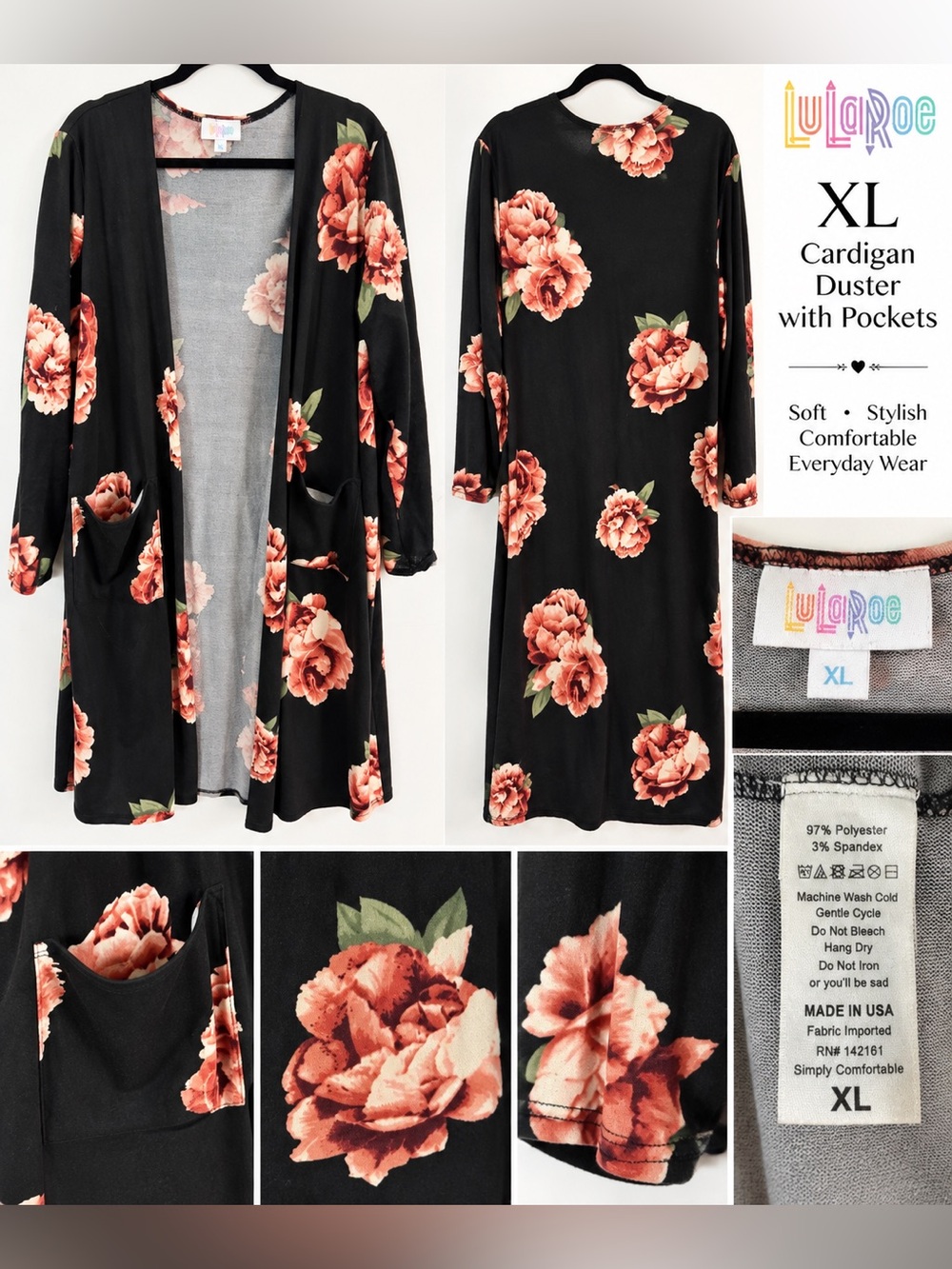 LuLaRoe Sarah XL Black Floral Rose Long Cardigan Duster Pockets